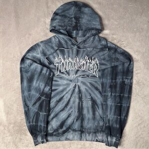 Thrasher x Dyneomite Flame Blue Tie Dye Skater Hoodie Retro Grunge Men's S READ